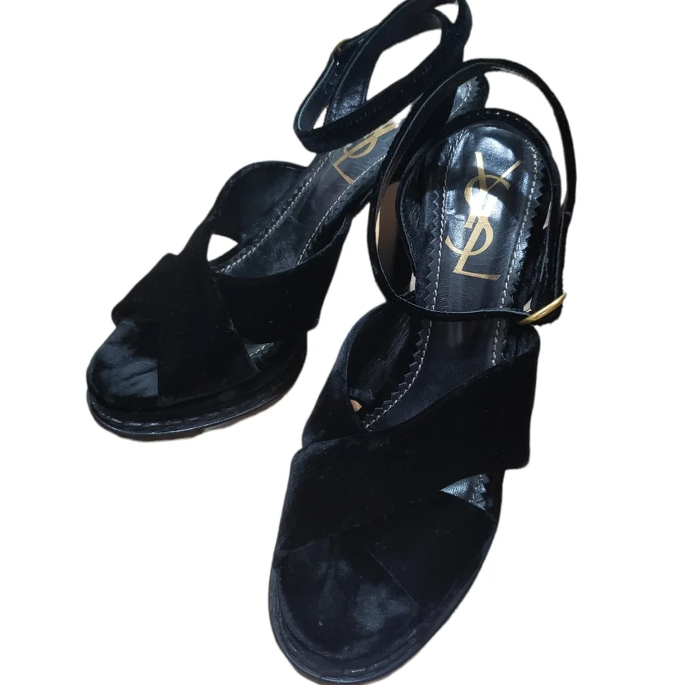 Saint Laurent black velvet heeled sandals shoes Size 37.5 us 7 - Picture 5 of 9